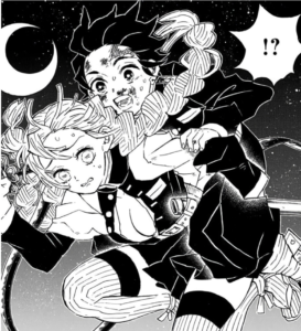 上弦の鬼の攻撃から炭治郎を背負って救出する甘露寺蜜璃