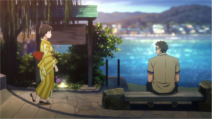 二人であがた祭りに行く待ち合わせ場所のベンチに座る後藤卓也と浴衣姿の長瀬梨子