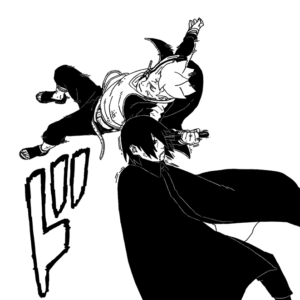 モモシキに乗っ取られたボルトに輪廻眼を潰されるサスケ